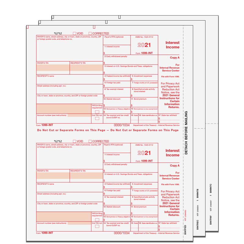 1099-INT Interest Income 3-Part 2-up Packaged Set