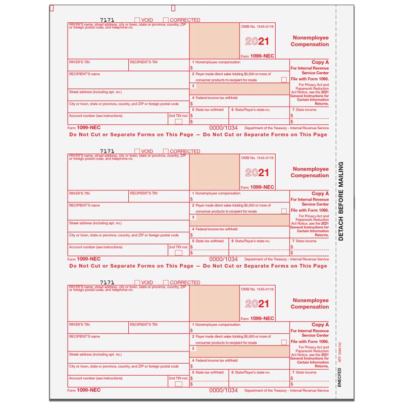 1099-NEC Nonemployee Compensation Federal Copy A - 3up