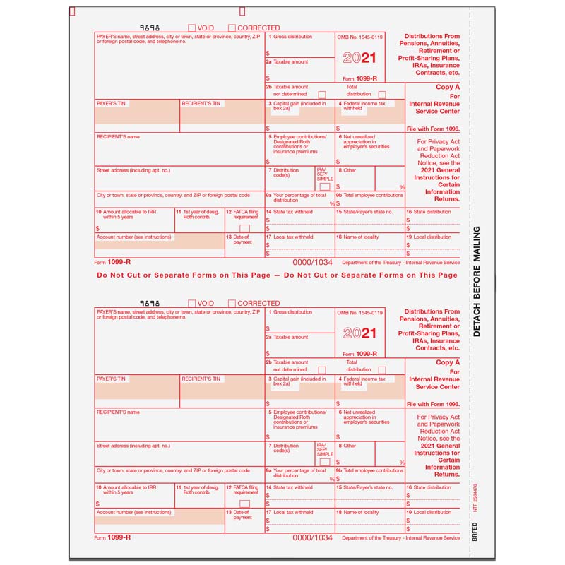 1099-R Distributions From Retirement Accounts Federal Copy A - 2up