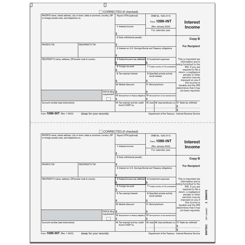 1099INT Interest Recipient Copy B 2up