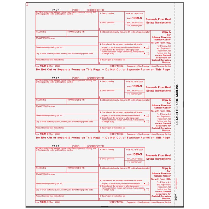 1099-S Proceeds From Real Estate Transactions Federal Copy A - 3up