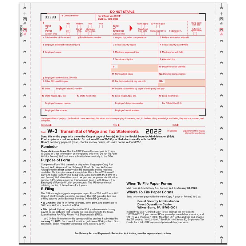 W3 Wage and Tax Statements Continuous 1up 2Part Form